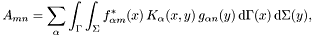 \[ A_{mn} = \sum_{\alpha} \int_\Gamma \int_\Sigma f_{\alpha m}^*(x) \, K_{\alpha}(x, y) \, g_{\alpha n}(y)\, \mathrm{d}\Gamma(x)\, \mathrm{d}\Sigma(y), \]