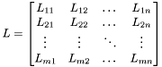\[ L = \begin{bmatrix} L_{11} & L_{12} & \dots & L_{1n} \\ L_{21} & L_{22} & \dots & L_{2n} \\ \vdots & \vdots & \ddots & \vdots \\ L_{m1} & L_{m2} & \dots & L_{mn} \end{bmatrix} \]
